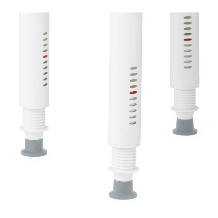 Close-up of three white, cylindrical legs with gray slip-resistant feet from the Medline Premium Plastic Shower Chair with Backrest. Oval openings show colored markers inside, set against a white background, ideal for a minimalist shower setup.