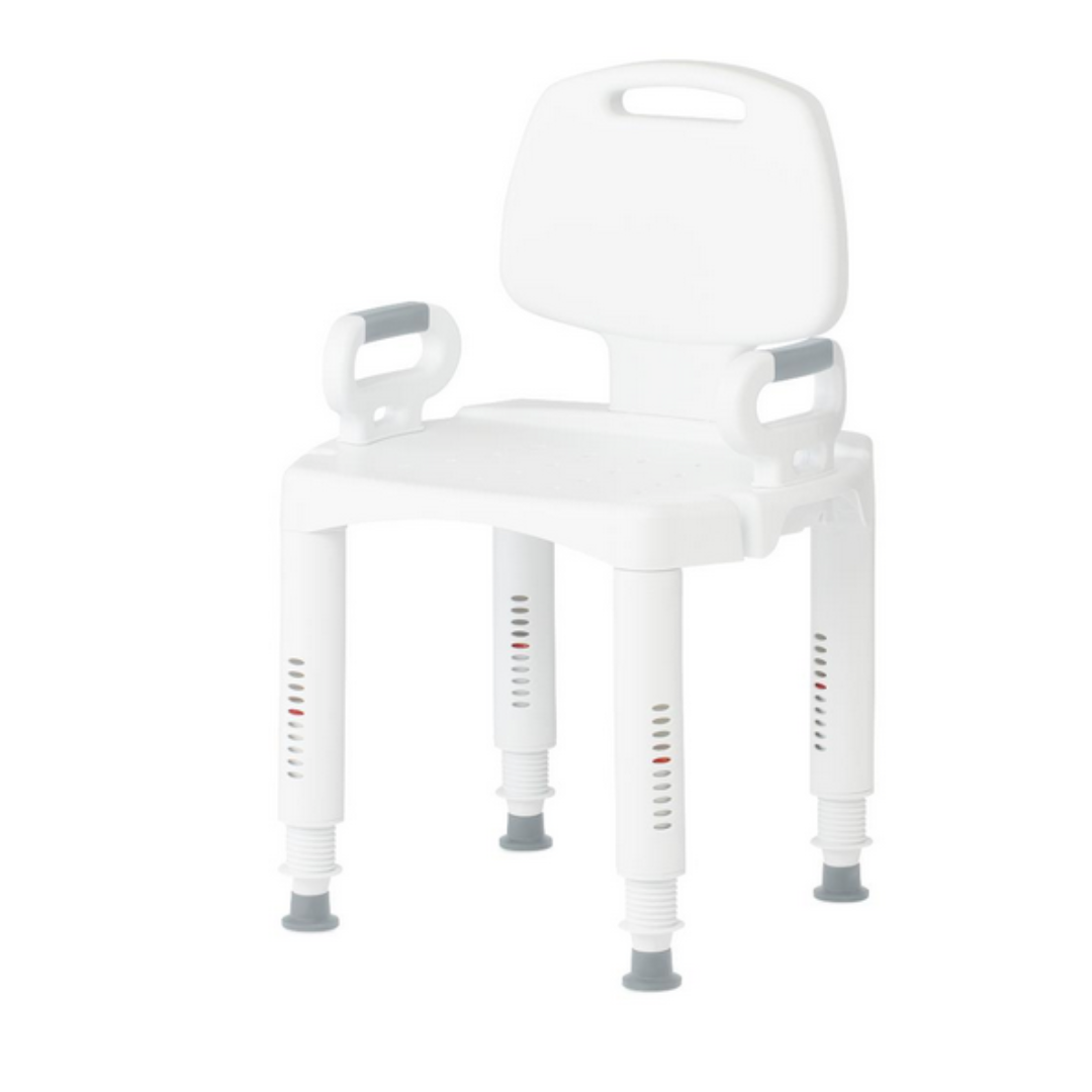 The Medline Premium Plastic Shower Chair with Backrest is a white chair featuring arms, adjustable-height legs, and small drainage holes in the seat and back. It includes a top handle for easy movement, ensuring secure and comfortable use in the shower.