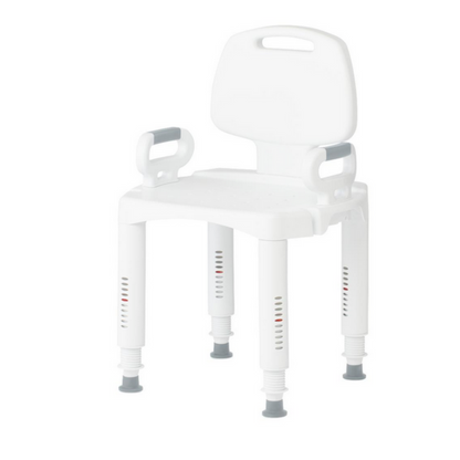 The Medline Premium Plastic Shower Chair with Backrest is a white chair featuring arms, adjustable-height legs, and small drainage holes in the seat and back. It includes a top handle for easy movement, ensuring secure and comfortable use in the shower.