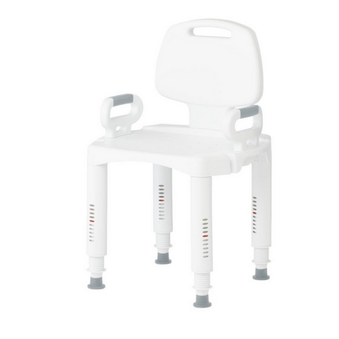 The Medline Premium Plastic Shower Chair with Backrest is a white chair featuring arms, adjustable-height legs, and small drainage holes in the seat and back. It includes a top handle for easy movement, ensuring secure and comfortable use in the shower.