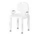 The Medline Premium Plastic Shower Chair with Backrest is a white chair featuring arms, adjustable-height legs, and small drainage holes in the seat and back. It includes a top handle for easy movement, ensuring secure and comfortable use in the shower.