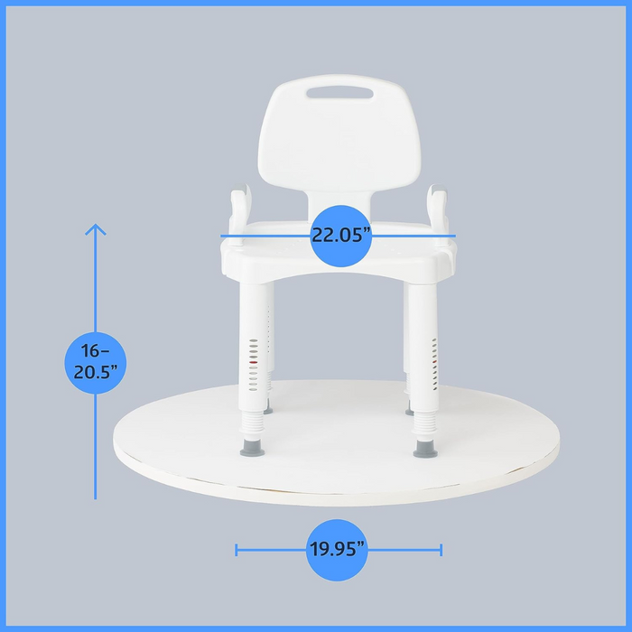 The Medline Premium Plastic Shower Chair with Backrest features armrests, a circular platform, and adjustable height from 16 to 20.5 inches. It measures 22.05 inches wide with a 19.95-inch diameter platform and has slip-resistant feet for safety against a light blue background.
