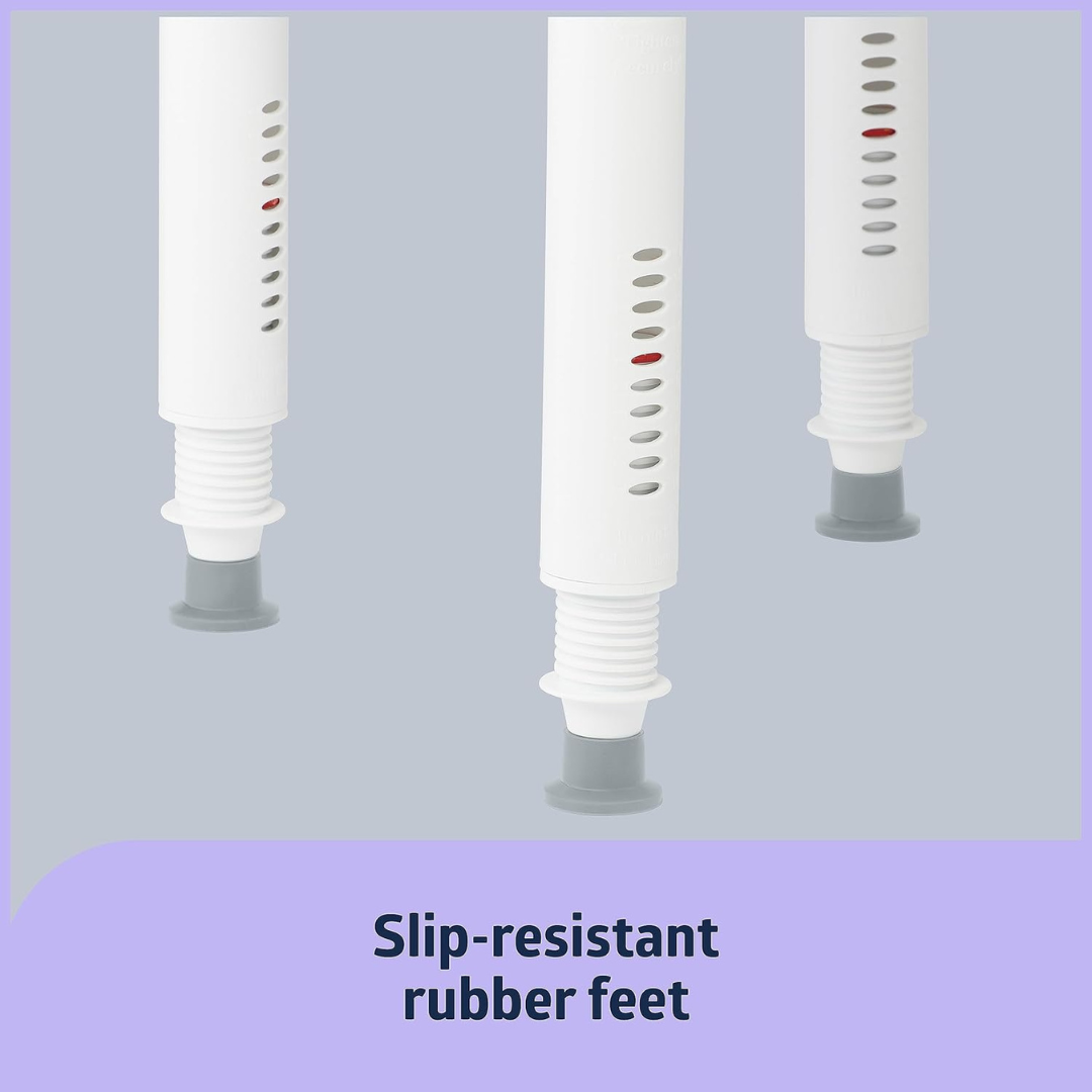 Close-up of three white adjustable legs from the Medline Premium Plastic Shower Chair with Backrest, featuring slip-resistant rubber feet and vent-like slits, some highlighted in red. Text reads: Slip-resistant rubber feet against a light blue background. Designed as a safety aid.