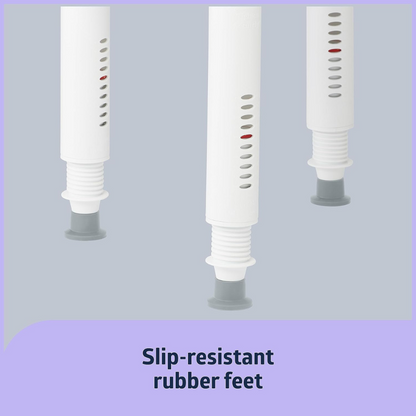 Close-up of three white adjustable legs from the Medline Premium Plastic Shower Chair with Backrest, featuring slip-resistant rubber feet and vent-like slits, some highlighted in red. Text reads: Slip-resistant rubber feet against a light blue background. Designed as a safety aid.