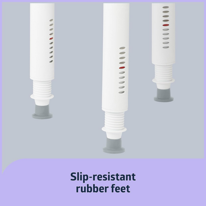 Close-up of three white adjustable legs from the Medline Premium Plastic Shower Chair with Backrest, featuring slip-resistant rubber feet and vent-like slits, some highlighted in red. Text reads: Slip-resistant rubber feet against a light blue background. Designed as a safety aid.