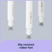 Close-up of three white adjustable legs from the Medline Premium Plastic Shower Chair with Backrest, featuring slip-resistant rubber feet and vent-like slits, some highlighted in red. Text reads: Slip-resistant rubber feet against a light blue background. Designed as a safety aid.