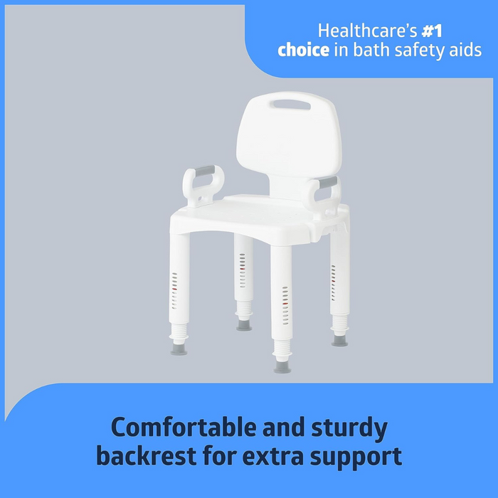 Medline Premium Plastic Shower Chair with adjustable height, featuring a backrest and armrests on a white background. In blue text at the top right: Healthcares #1 choice in bath safety aids. At the bottom: Comfortable and sturdy backrest for extra support.
