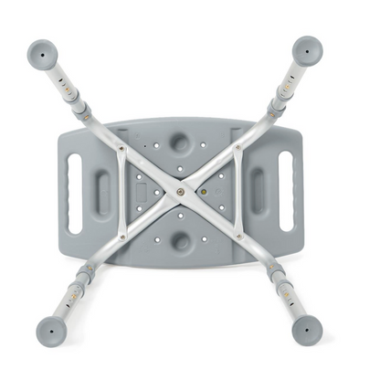 The Medline Bariatric Knockdown Portable Shower Chair without Back, in gray, has an adjustable seat height with four angled legs and rubber tips. It features drainage holes and side handles for convenience, and when upside down, displays its sturdy support structure.