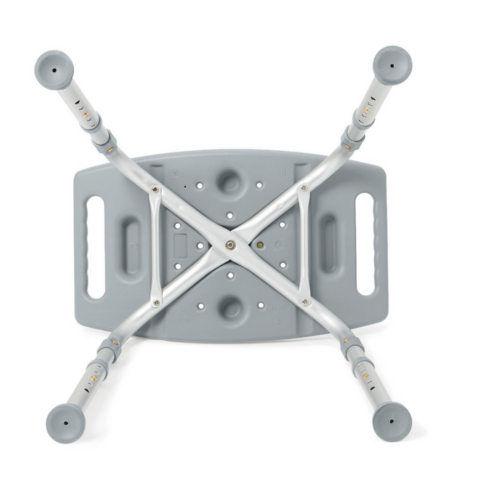 The Medline Bariatric Knockdown Portable Shower Chair without Back, in gray, has an adjustable seat height with four angled legs and rubber tips. It features drainage holes and side handles for convenience, and when upside down, displays its sturdy support structure.