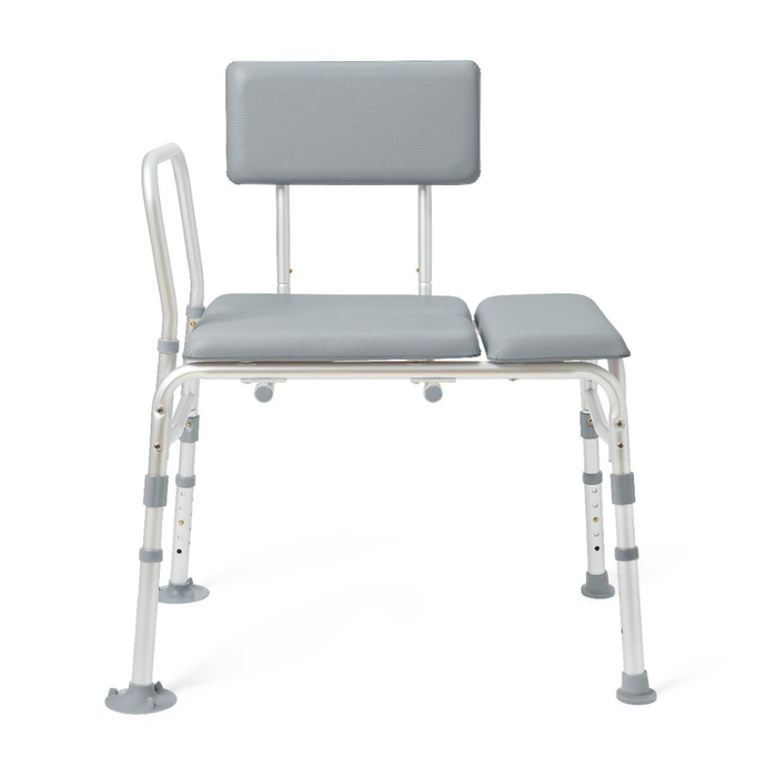The Medline Bariatric Padded Bathtub Transfer Bench is gray with a backrest, left armrest, adjustable metal legs for height, and a seat cutout for easy access.