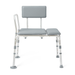 The Medline Bariatric Padded Bathtub Transfer Bench is gray with a backrest, left armrest, adjustable metal legs for height, and a seat cutout for easy access.