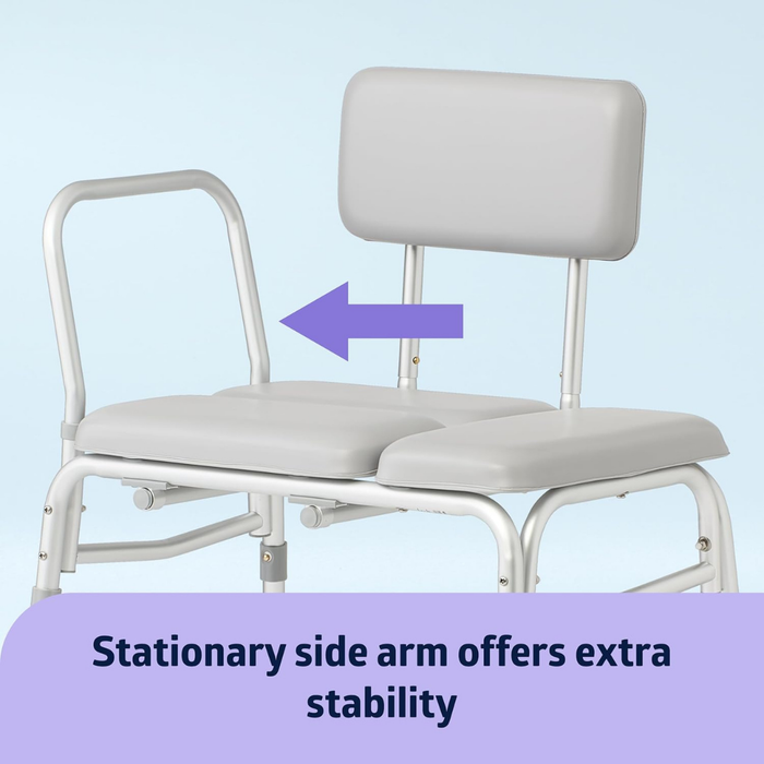 The Medline Bariatric Padded Bathtub Transfer Bench is shown with a stationary side arm. A purple arrow highlights the armrest. Text reads: Stationary side arm provides added stability on this heavy-duty transfer bench.