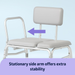The Medline Bariatric Padded Bathtub Transfer Bench is shown with a stationary side arm. A purple arrow highlights the armrest. Text reads: Stationary side arm provides added stability on this heavy-duty transfer bench.