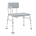 The Medline Bariatric Padded Bathtub Transfer Bench is a light gray, adjustable-height shower seat with a backrest, one armrest, padded seat, sturdy adjustable legs, and large rubber feet for stability.