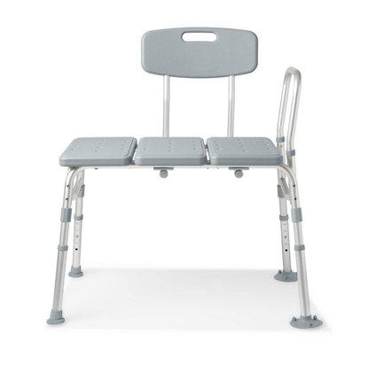 The Medline Bariatric Transfer Bath Bench with Back features a gray blow-molded seat with three perforated sections, a backrest, and sturdy metal legs with rubber tips. Its adjustable seat height offers added comfort and convenience.