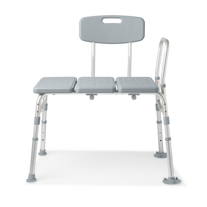The Medline Bariatric Transfer Bath Bench with Back features a gray blow-molded seat with three perforated sections, a backrest, and sturdy metal legs with rubber tips. Its adjustable seat height offers added comfort and convenience.