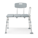 The Medline Bariatric Transfer Bath Bench with Back features a gray blow-molded seat with three perforated sections, a backrest, and sturdy metal legs with rubber tips. Its adjustable seat height offers added comfort and convenience.
