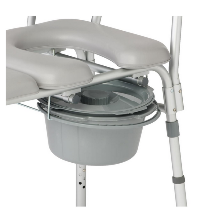 The Medline Bariatric Combination Transfer Bench and Commode with Padded Seat offers a portable hygiene-friendly design, featuring a removable seat and bucket underneath. Its sturdy metal frame has adjustable legs for enhanced safety and user accessibility.