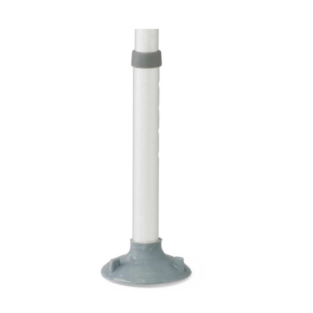 A close-up of the lower section of a white walking cane features a grey rubber tip designed for stability. A dark grey band above it ensures adjustable height for comfort and efficiency, reflecting the functional design akin to Medline Bariatric Combination Transfer Bench and Commode with Padded Seat.