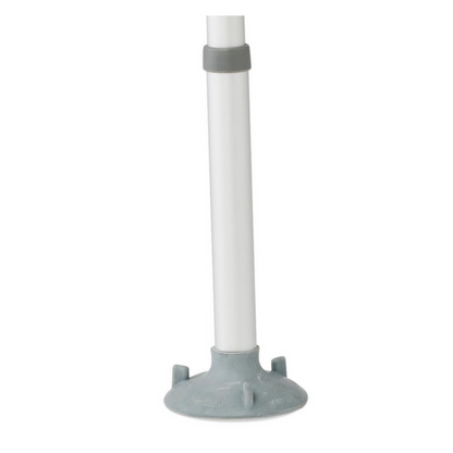 Close-up of a white pole with a gray plastic base featuring suction cups for stability, designed to aid those with mobility challenges. Includes an adjustable gray clamp near the top, securely adhering to surfaces. Ideal for use with the Medline Bariatric Combination Transfer Bench and Commode.