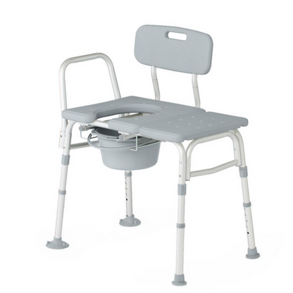 The Medline Bariatric Combination Transfer Bench and Commode, in gray and white, features adjustable legs, a backrest, side handles for support, a built-in commode with a removable bucket, non-slip surface, and rubber feet for enhanced stability—ideal for those with mobility challenges.
