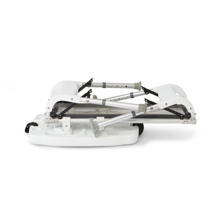 A Medline Sliding Transfer Bathtub Bench—folding and portable—rests collapsed and flat against a white background, displaying its sturdy metal legs and latex-free plastic seat in a compact design.