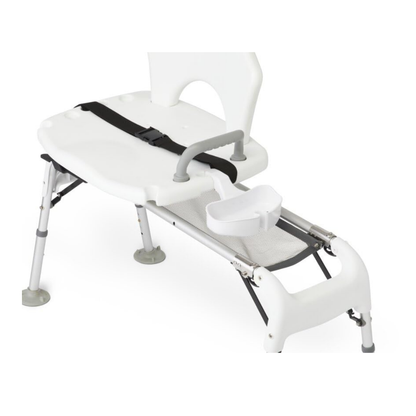 The Medline Sliding Transfer Bathtub Bench is a white, folding, portable bench with backrest, armrest, safety belt, and sliding seat for easy bathing. Bariatric capacity offers added stability and support.