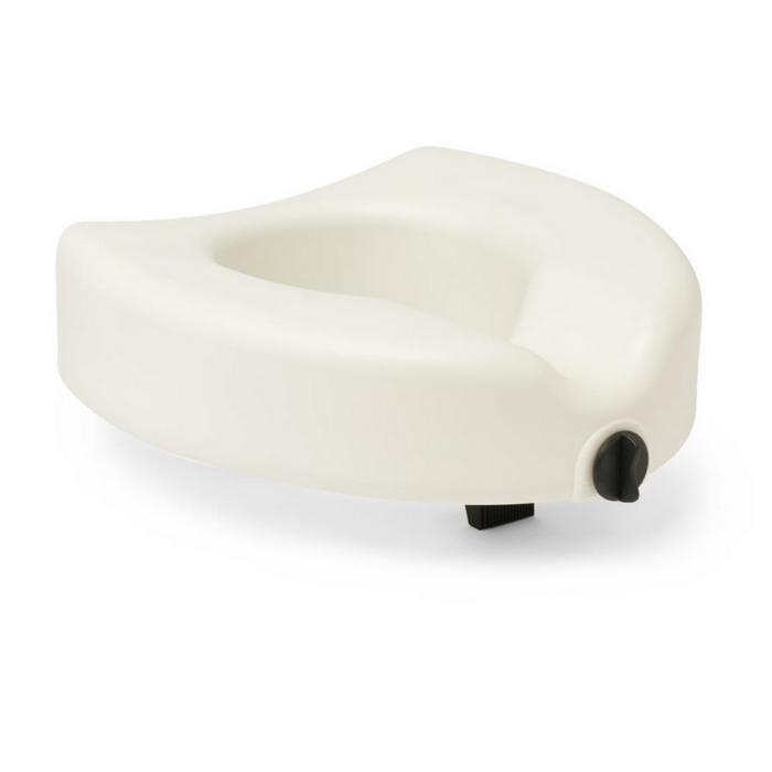 The Medline 5 Raised Easy Locking Toilet Seat with Microban Treatment features a secure, contoured design and easy side adjustment knob to assist individuals who have difficulty sitting down or standing up from a standard toilet.