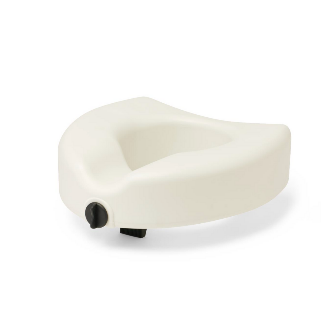 The Medline 5 Raised Locking Toilet Seat with Microban Treatment features a contoured white plastic design and a black adjustable knob for secure attachment, providing a comfort-height riser for added stability and bath safety.