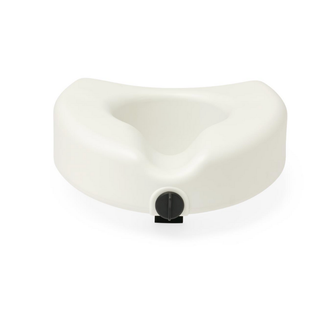 The Medline 5 Raised Locking Toilet Seat with Microban Treatment is a white plastic, open-front riser with a black locking mechanism, designed for bath safety and support for those with mobility challenges.