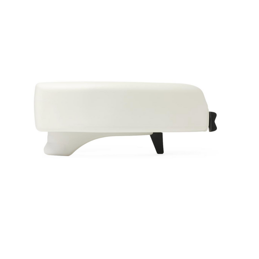 Side view of the Medline 5 Raised Locking Toilet Seat with Microban Treatment, a white rectangular seat with smooth edges and two small black legs for bath safety, shown against a plain white background.