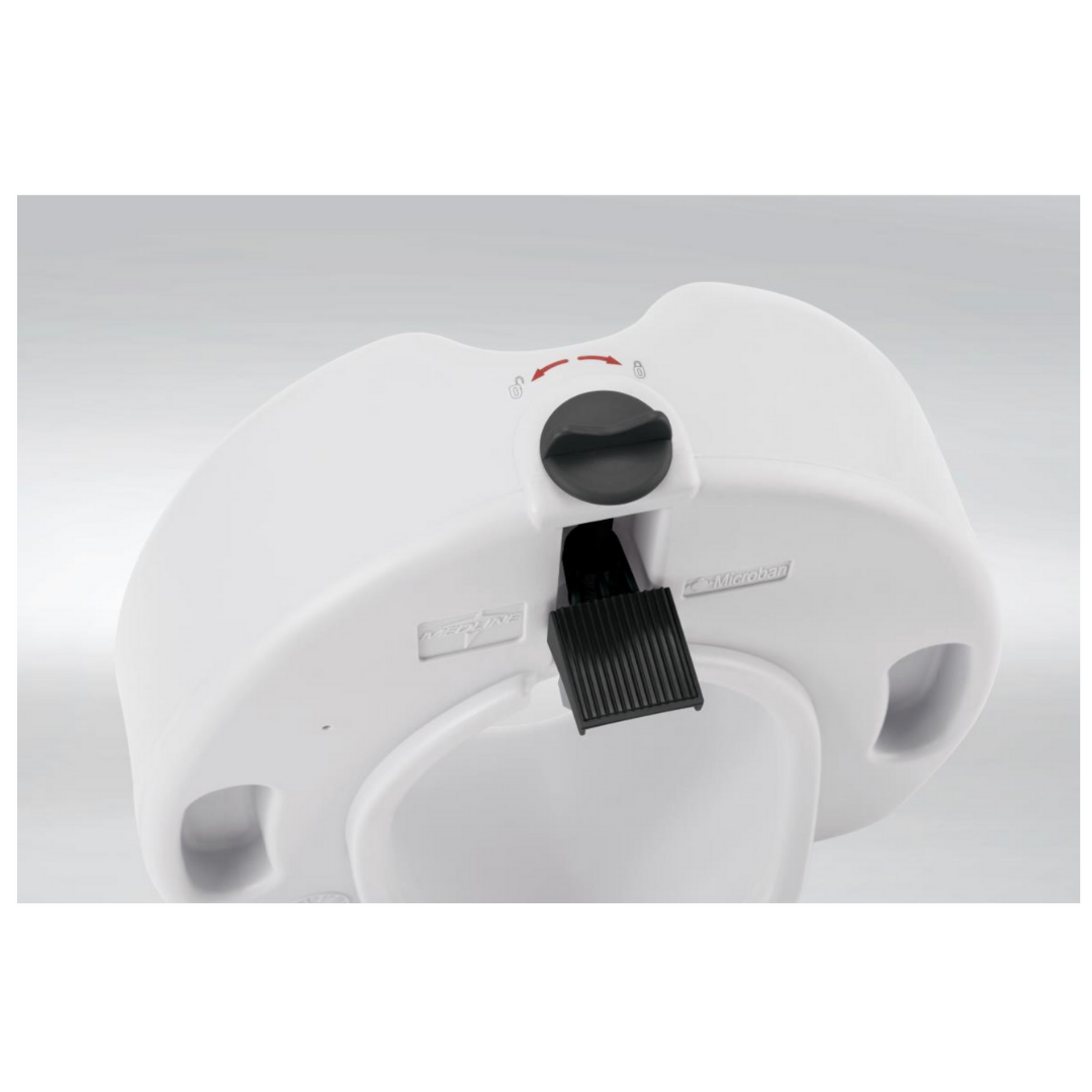 Close-up of the Medline 5 Raised Locking Toilet Seat with Microban Treatment, a white plastic riser featuring a large black knob, lever, red directional arrows, and two circular openings—an essential mobility aid for safer bathroom use.