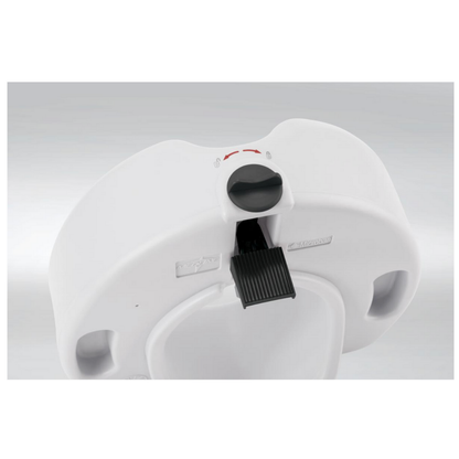 Close-up of the Medline 5 Raised Locking Toilet Seat with Microban Treatment, a white plastic riser featuring a large black knob, lever, red directional arrows, and two circular openings—an essential mobility aid for safer bathroom use.