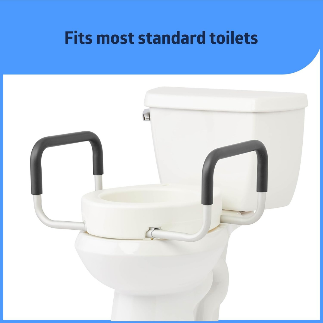 The Medline 3.5 Bariatric Toilet Seat Riser with Arms is shown attached to a white toilet, improving safety for users with limited mobility. Above, “Fits most standard toilets” appears on a blue background.