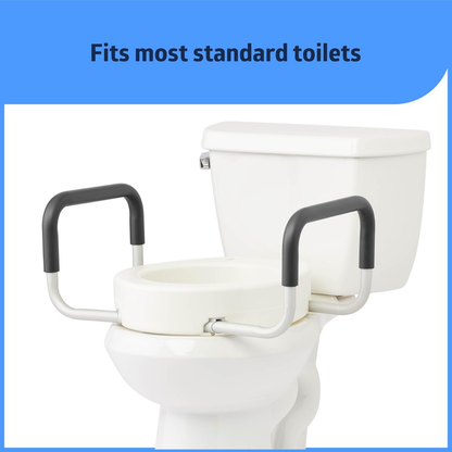 The Medline 3.5 Bariatric Toilet Seat Riser with Arms is shown attached to a white toilet, improving safety for users with limited mobility. Above, “Fits most standard toilets” appears on a blue background.