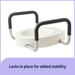 A Medline 3.5 Bariatric Toilet Seat Riser with black and gray support arms. Text below reads, Locks in place for added stability, ensuring bathroom safety, on a purple background.