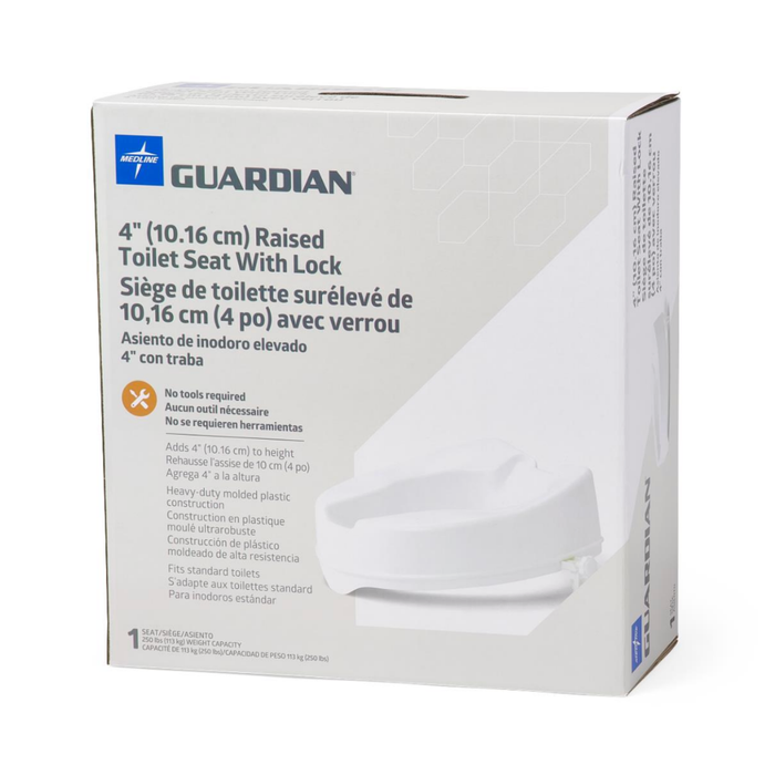 Box for a Medline 4 Locking Raised Toilet Seats without Arms, featuring slip-resistance, elevated design for limited mobility, bilingual English and French text, and a product image on the right.