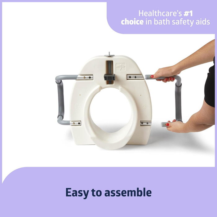 A person assembles the Medline Bariatric 5 Elongated Raised Toilet Seat with Lock and Removable Padded Arms, showcasing its easy assembly, enhanced support, and status as a top bathroom safety and mobility aid.
