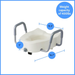 The Medline Bariatric 5 Elongated Raised Toilet Seat with Lock features removable padded arms for bathroom safety. Measures 15.5W x 16.7L x 5H and holds up to 400 lbs, as shown by the blue circle indicator.