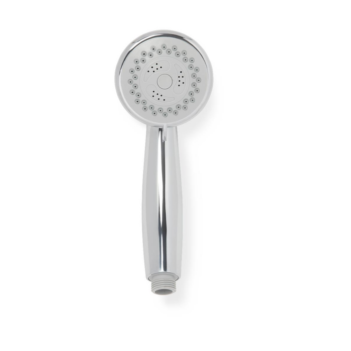 A Medline Deluxe Chrome handheld showerhead with 3 massage functions and an extra-long hose, elegantly set against a plain white background.