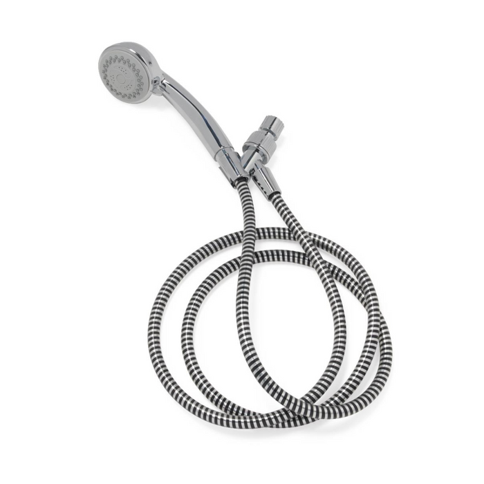 The Medline Deluxe Chrome Handheld Showerhead, set against a white background, comes with a flexible coiled hose. This sleek accessory features multiple spray nozzles and three massage functions, offering a luxurious experience with its extra-long hose for added convenience.