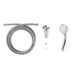 The Medline Deluxe Chrome Handheld Showerhead with 3 Massage Functions features a chrome handheld showerhead, an extra-long flexible metal hose, a diverter valve, a small yellow rubber ring, and a white washer for easy installation against a plain white background.