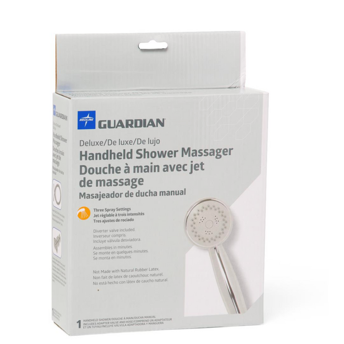 A box of the Medline Deluxe Chrome Handheld Showerhead features gray and white packaging with blue accents, showcasing the product image. Text highlights three massage functions, an extra-long hose, and that it’s made without natural rubber latex.