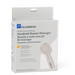 A box of the Medline Deluxe Chrome Handheld Showerhead features gray and white packaging with blue accents, showcasing the product image. Text highlights three massage functions, an extra-long hose, and that it’s made without natural rubber latex.