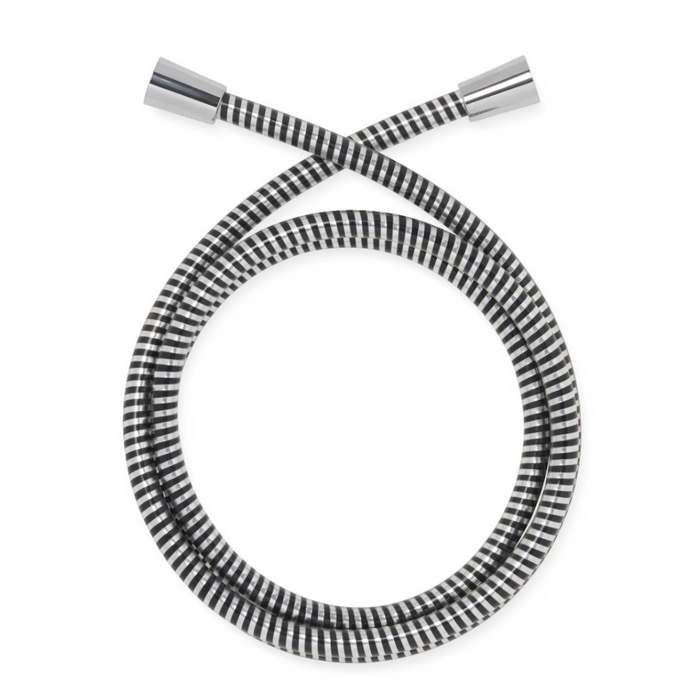 The Medline Deluxe Chrome Handheld Showerhead, featuring an extra-long striped flexible coiled metallic hose, is artfully positioned in a circle. Shiny chrome connectors are at both ends for easy installation against a plain white background.