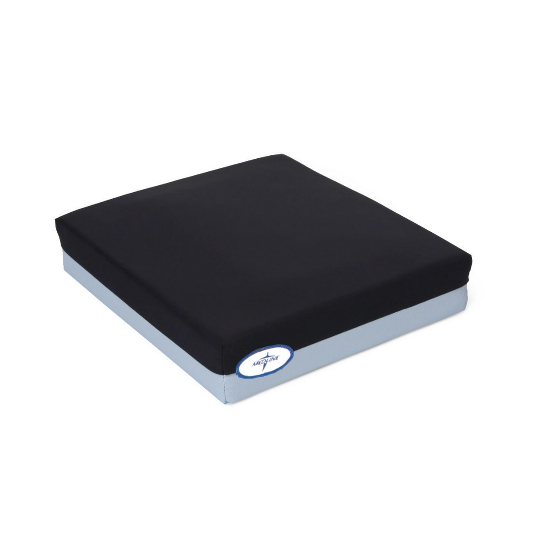 The Medline Gel Foam Wheelchair Cushion for Pressure Redistribution, in square black and gray design with front label, is shown on a white background.