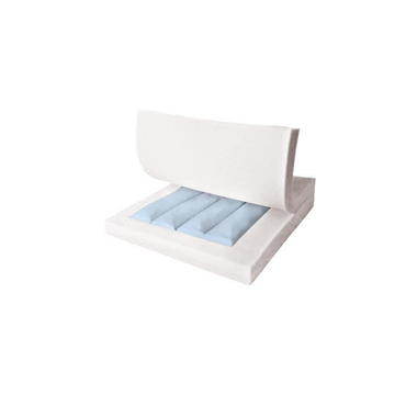 The Medline Gel Foam Wheelchair Cushion features a white cover with a partially lifted top, revealing its blue, segmented gel foam core designed for advanced pressure redistribution technology.