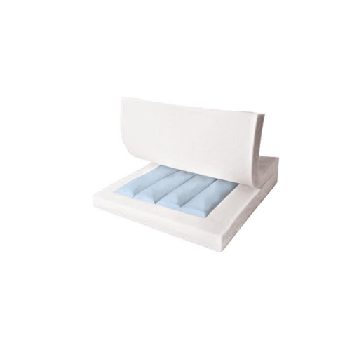 The Medline Gel Foam Wheelchair Cushion features a white cover with a partially lifted top, revealing its blue, segmented gel foam core designed for advanced pressure redistribution technology.