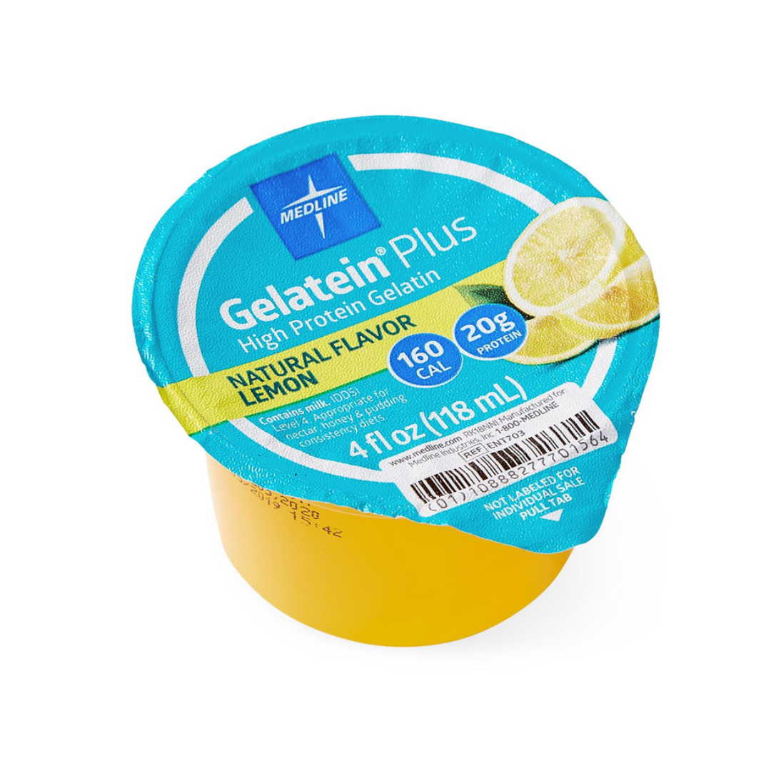 A yellow single-serve cup of Medline Gelatein Plus High-Protein Gelatin, lemon flavor, with a blue lid showing lemon images and nutrition info: 160 calories, 20g protein (hydrolyzed collagen), 4 fl oz (118 mL). Case of 36.