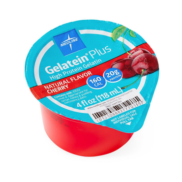 A 4 fl oz (118 mL) cup of Medline Gelatein Plus High-Protein Gelatin, natural cherry flavor, contains 160 calories and 20g protein from hydrolyzed collagen—ideal for dysphagia diets. Sold as a case of 36 cups.